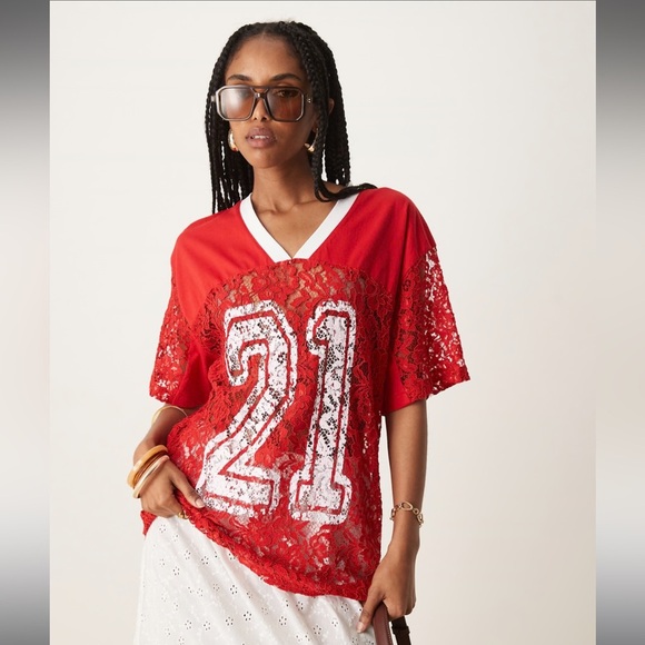 ASOS Design Tops - ASOS DESIGN oversized lace soccer shirt in 21 graphic in red